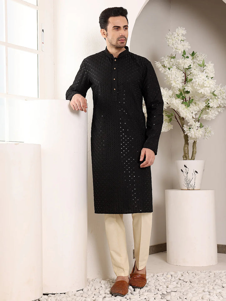 Men's Long Sleeve Mandarin Collar Black Straight Viscose Silk Kurta with Embroidered Neckline and Motifs – Black