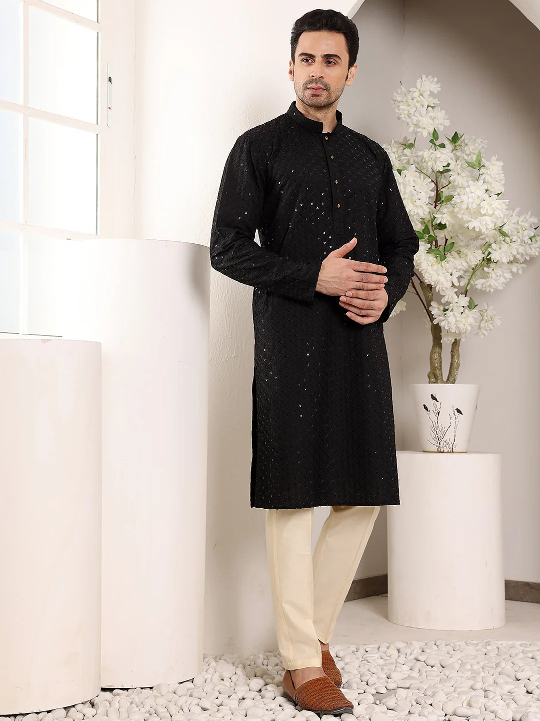 Men's Long Sleeve Mandarin Collar Black Straight Viscose Silk Kurta with Embroidered Neckline and Motifs – Black