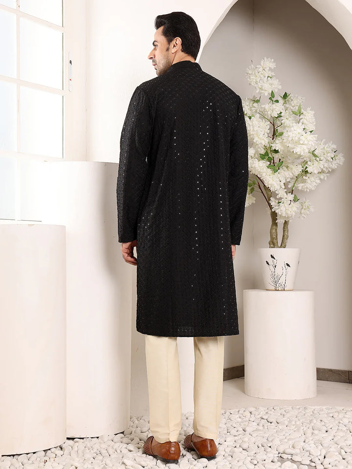 Men's Long Sleeve Mandarin Collar Black Straight Viscose Silk Kurta with Embroidered Neckline and Motifs – Black