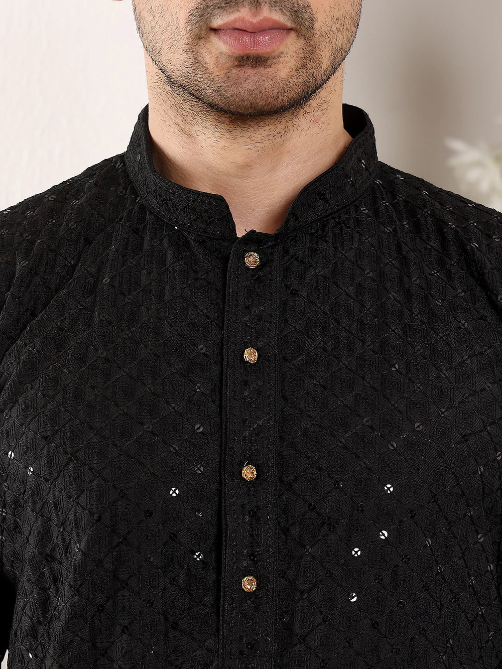 Men's Long Sleeve Mandarin Collar Black Straight Viscose Silk Kurta with Embroidered Neckline and Motifs – Black