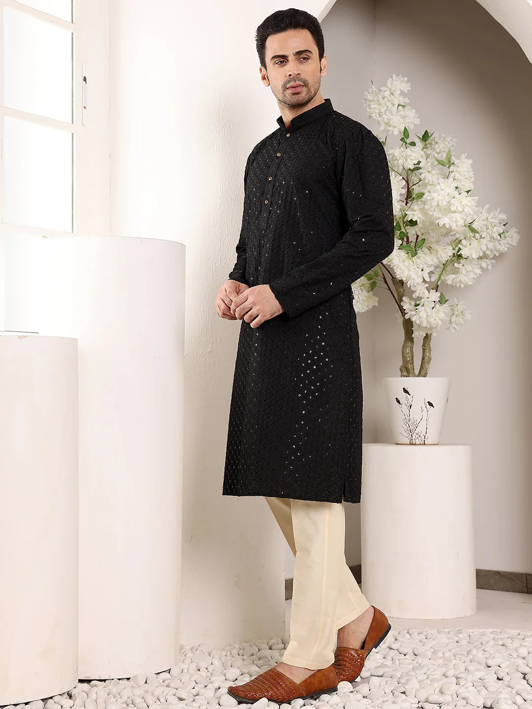 Men's Long Sleeve Mandarin Collar Black Straight Viscose Silk Kurta with Embroidered Neckline and Motifs – Black