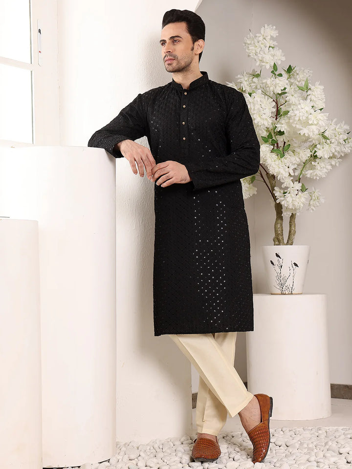 Men's Long Sleeve Mandarin Collar Black Straight Viscose Silk Kurta with Embroidered Neckline and Motifs – Black