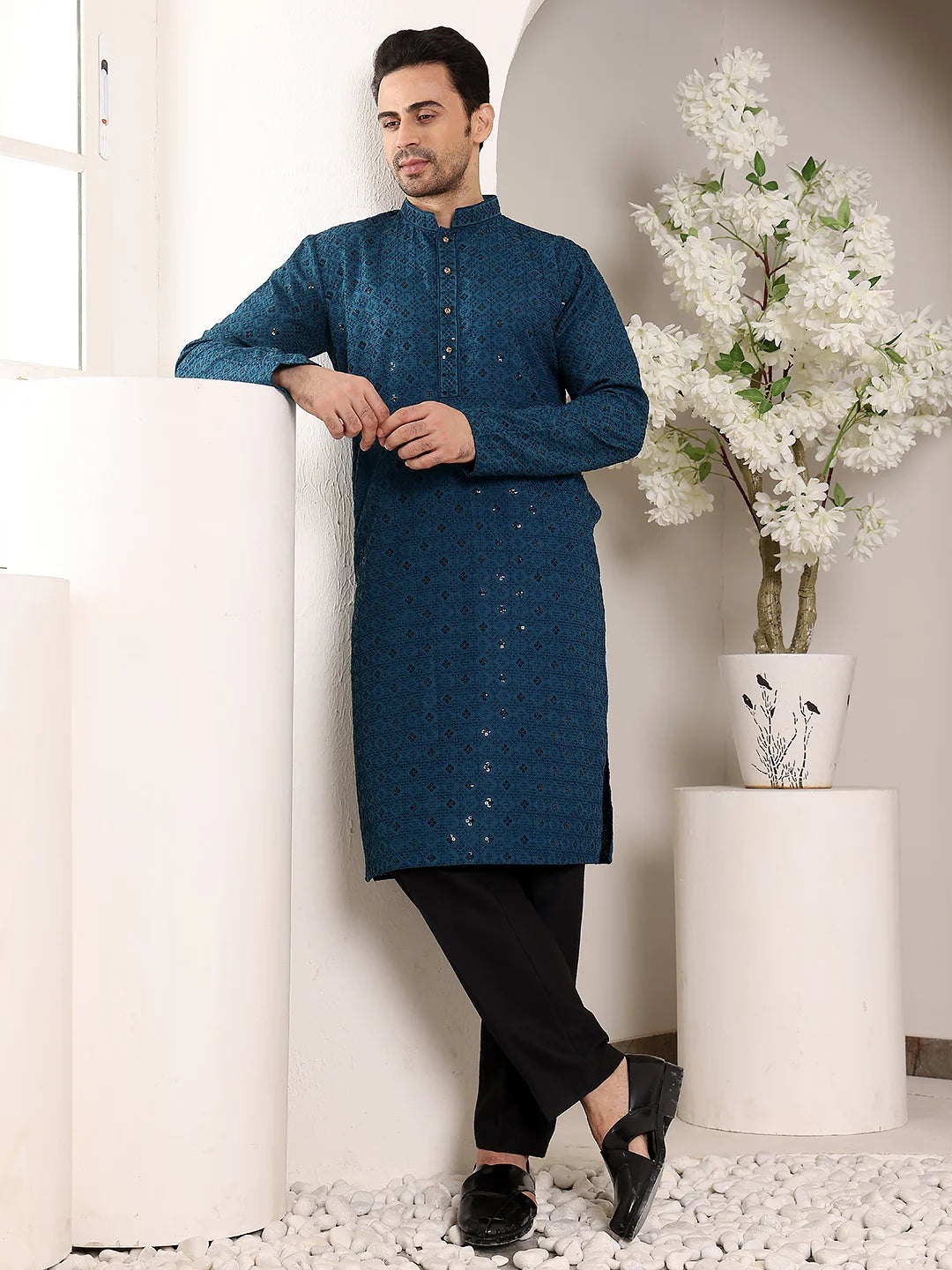 Men's Blue Straight Viscose Silk Kurta with Embroidered Neckline and Motifs,Black solid trouser style churidar