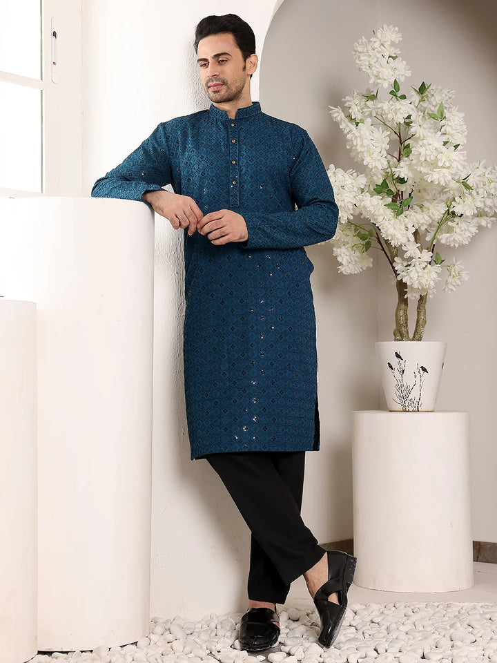 Men's Blue Straight Viscose Silk Kurta with Embroidered Neckline and Motifs,Black solid trouser style churidar