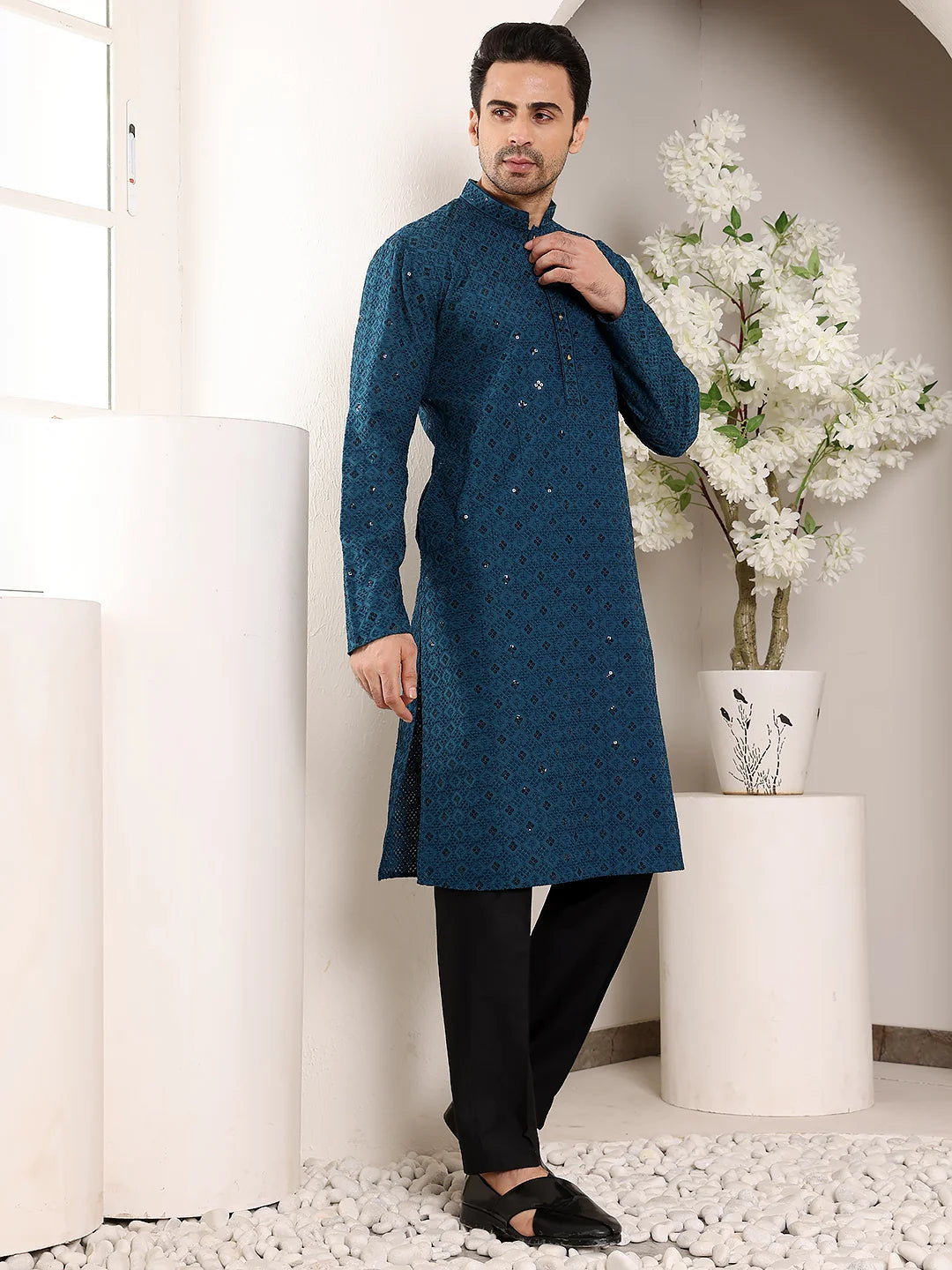 Men's Blue Straight Viscose Silk Kurta with Embroidered Neckline and Motifs,Black solid trouser style churidar