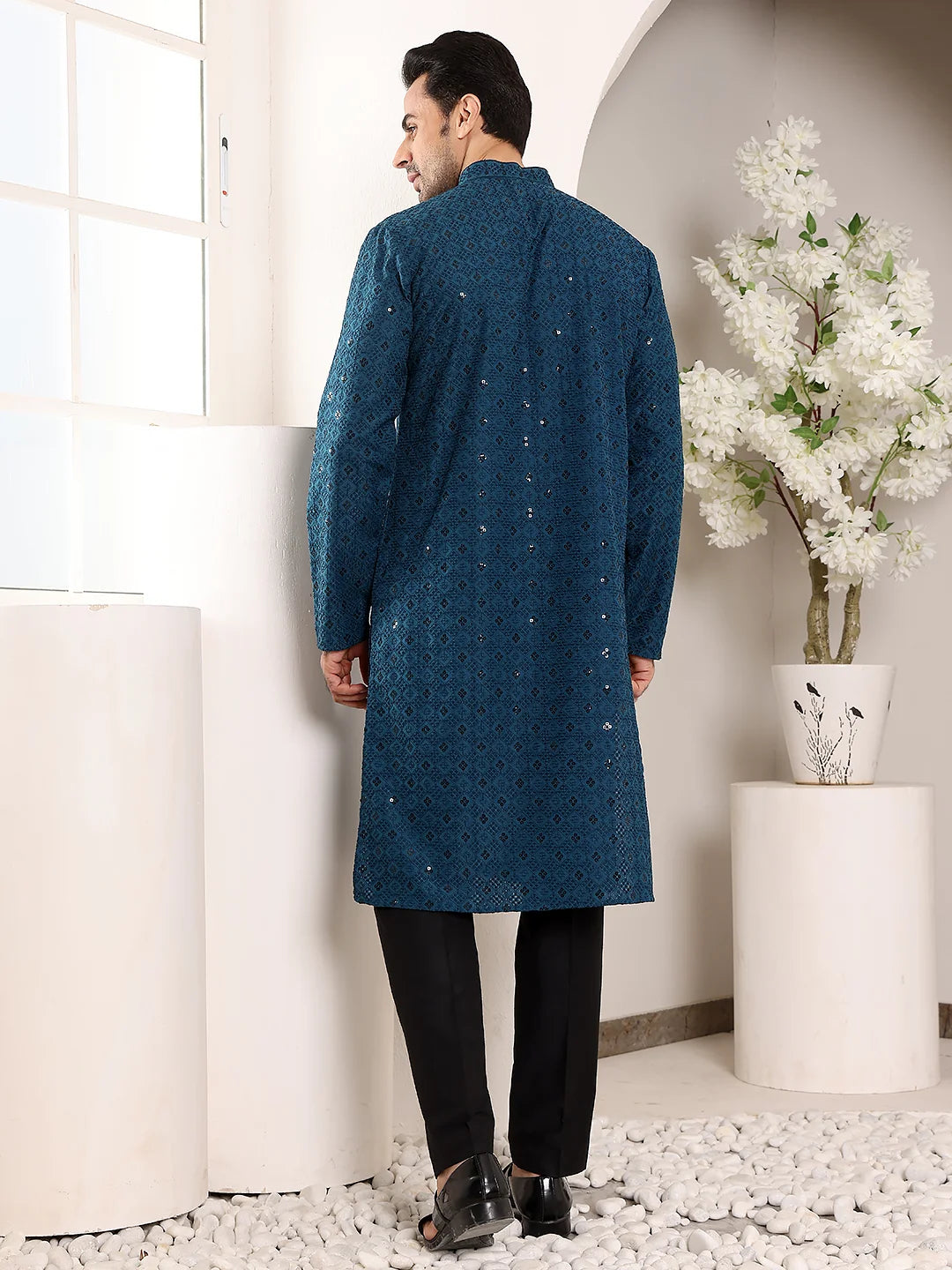 Men's Blue Straight Viscose Silk Kurta with Embroidered Neckline and Motifs,Black solid trouser style churidar