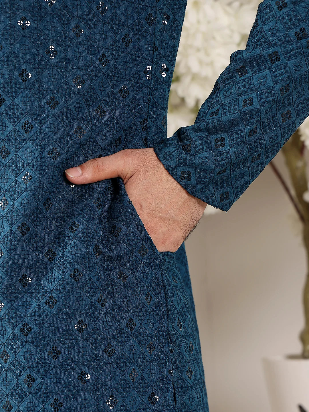 Men's Blue Straight Viscose Silk Kurta with Embroidered Neckline and Motifs,Black solid trouser style churidar