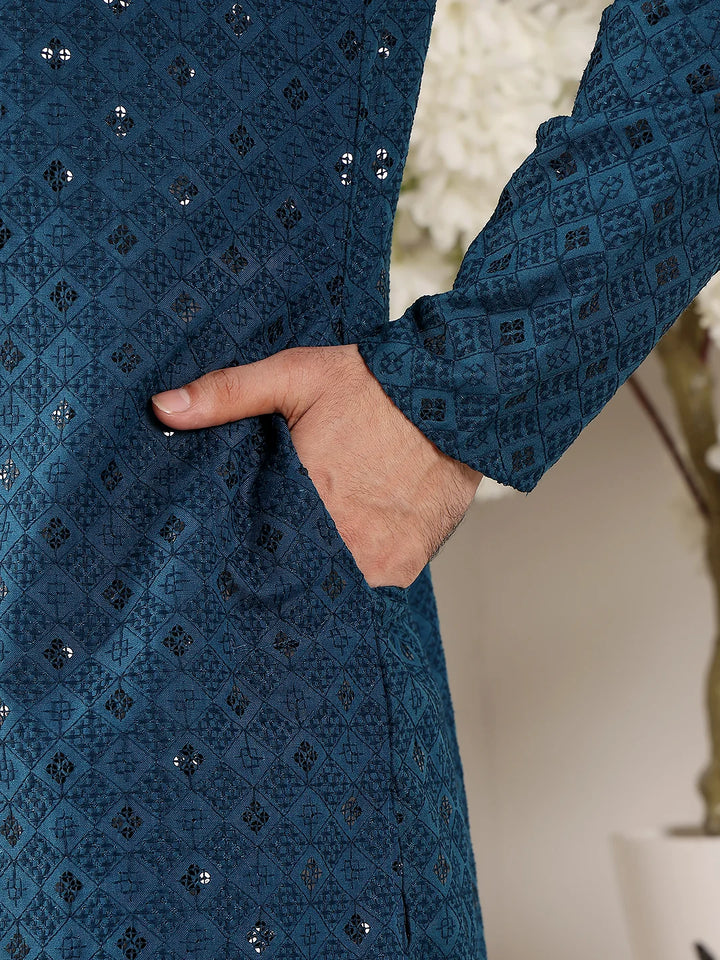 Men's Blue Straight Viscose Silk Kurta with Embroidered Neckline and Motifs,Black solid trouser style churidar
