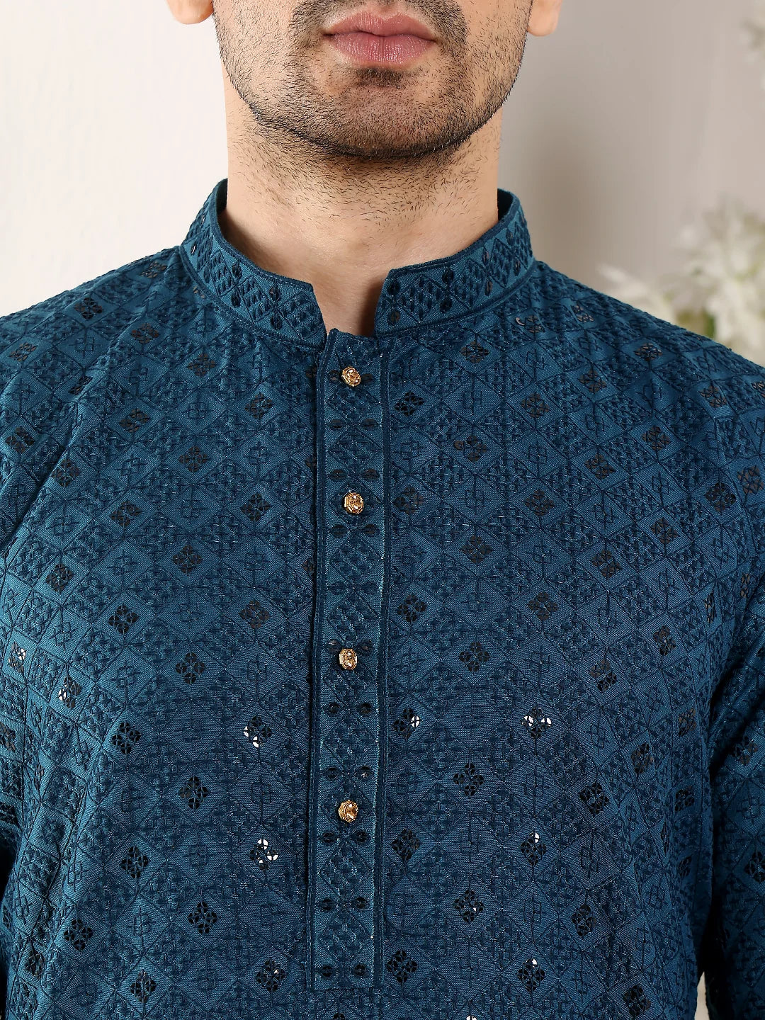Men's Blue Straight Viscose Silk Kurta with Embroidered Neckline and Motifs,Black solid trouser style churidar