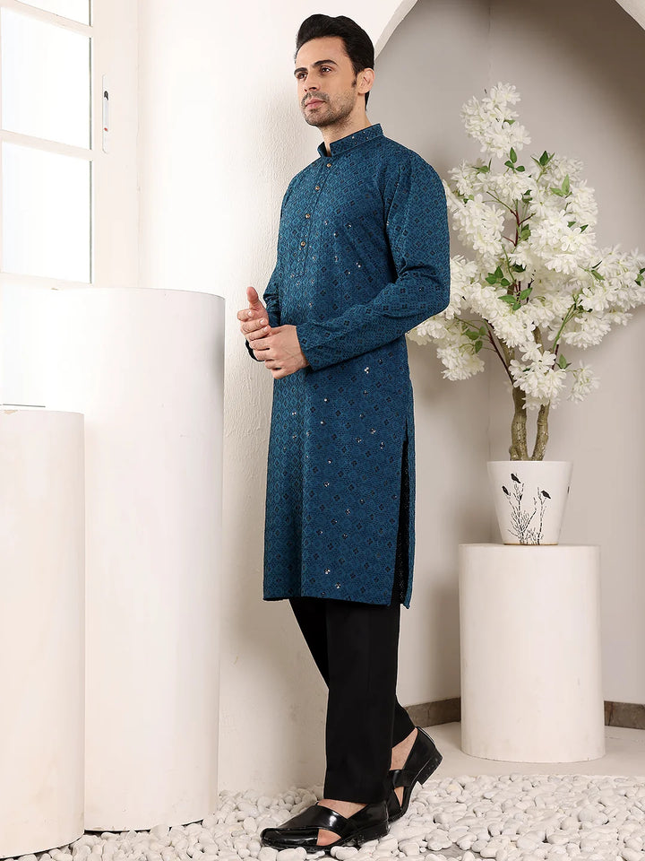 Men's Blue Straight Viscose Silk Kurta with Embroidered Neckline and Motifs,Black solid trouser style churidar
