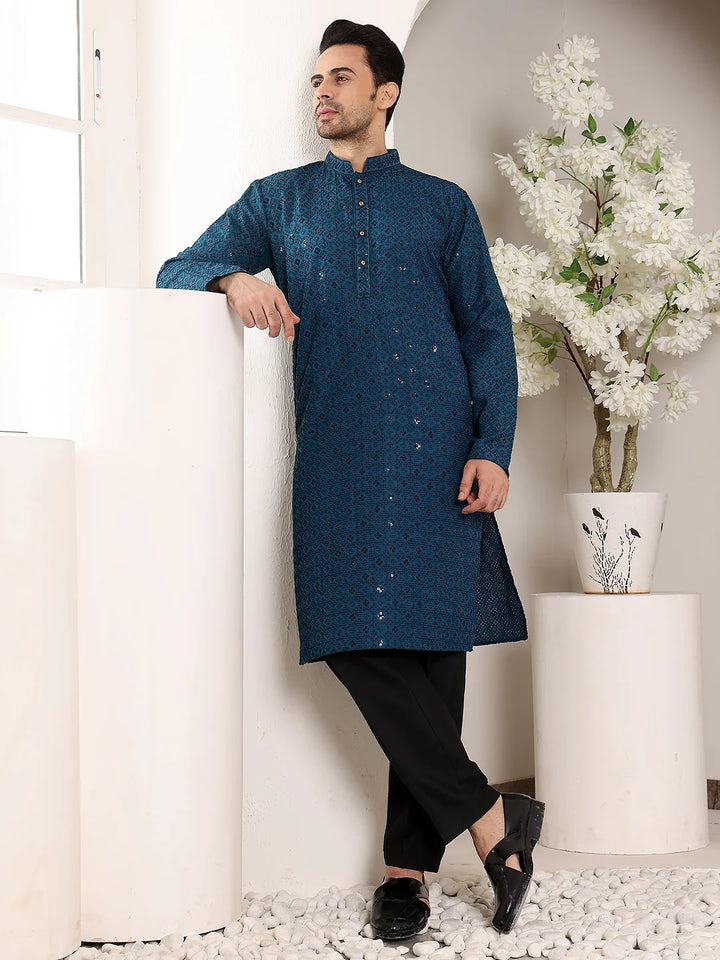 Men's Blue Straight Viscose Silk Kurta with Embroidered Neckline and Motifs,Black solid trouser style churidar