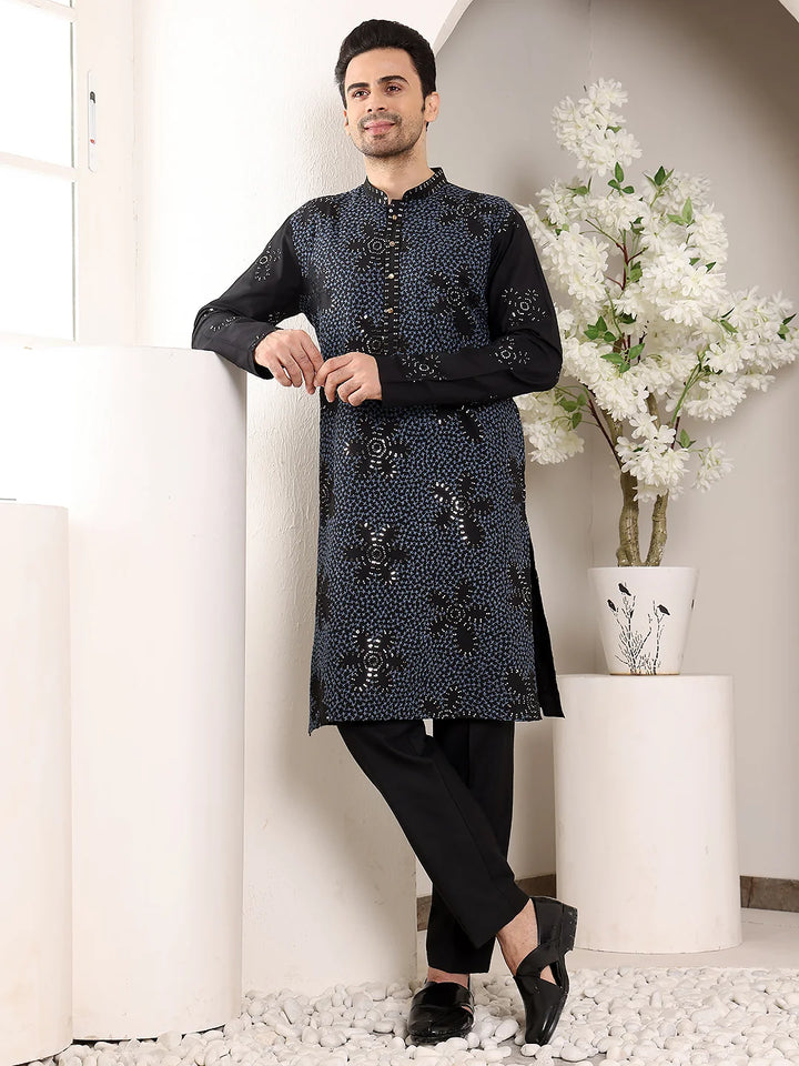 Men's Blue Straight Rayon Silk Kurta with Embroidered Neckline and Motifs,Black solid trouser style churidar