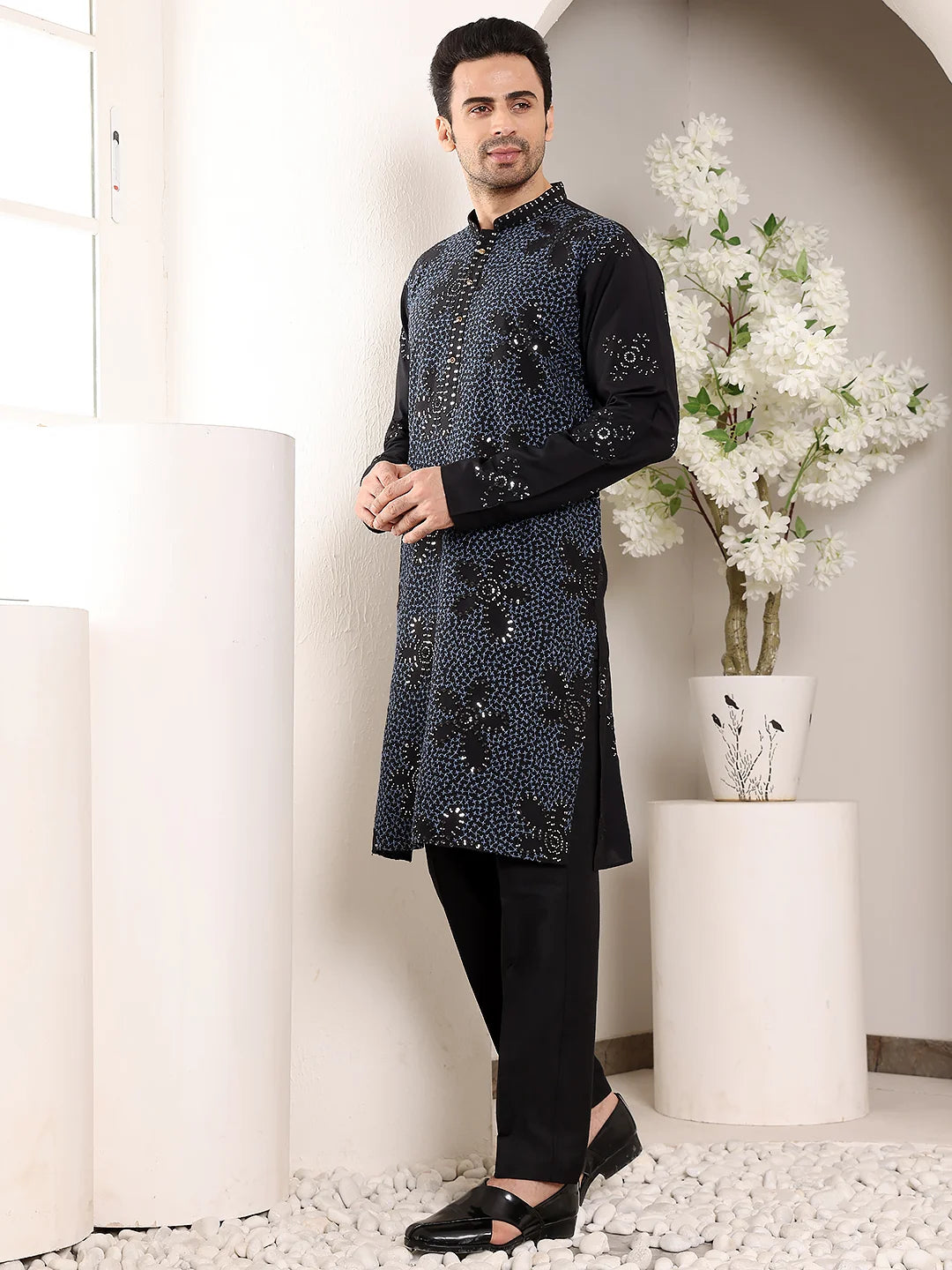 Men's Blue Straight Rayon Silk Kurta with Embroidered Neckline and Motifs,Black solid trouser style churidar