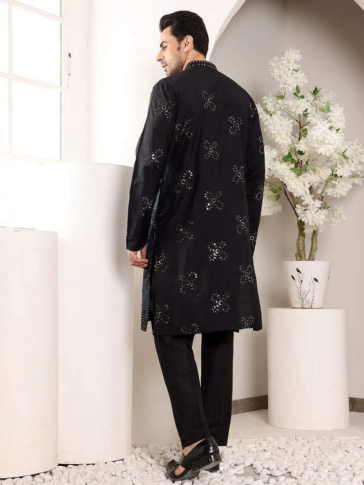 Men's Blue Straight Rayon Silk Kurta with Embroidered Neckline and Motifs,Black solid trouser style churidar
