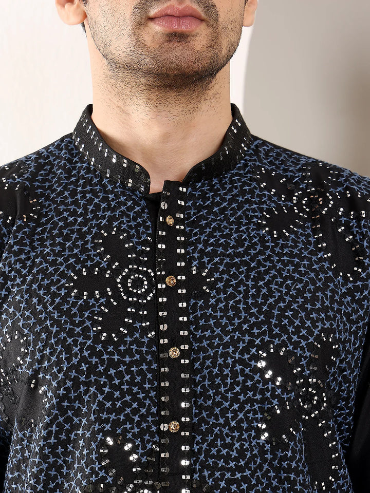 Men's Blue Straight Rayon Silk Kurta with Embroidered Neckline and Motifs,Black solid trouser style churidar