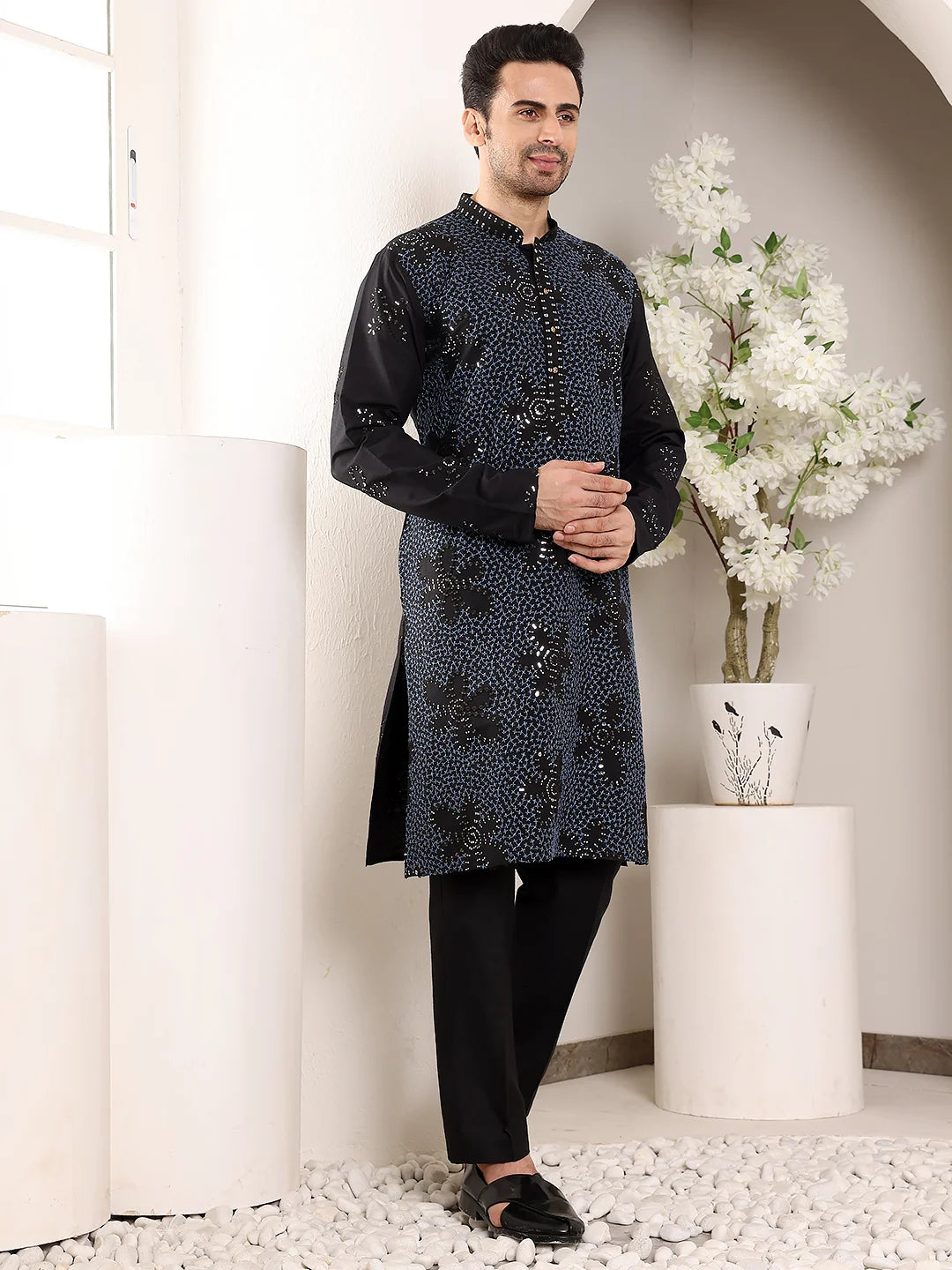 Men's Blue Straight Rayon Silk Kurta with Embroidered Neckline and Motifs,Black solid trouser style churidar