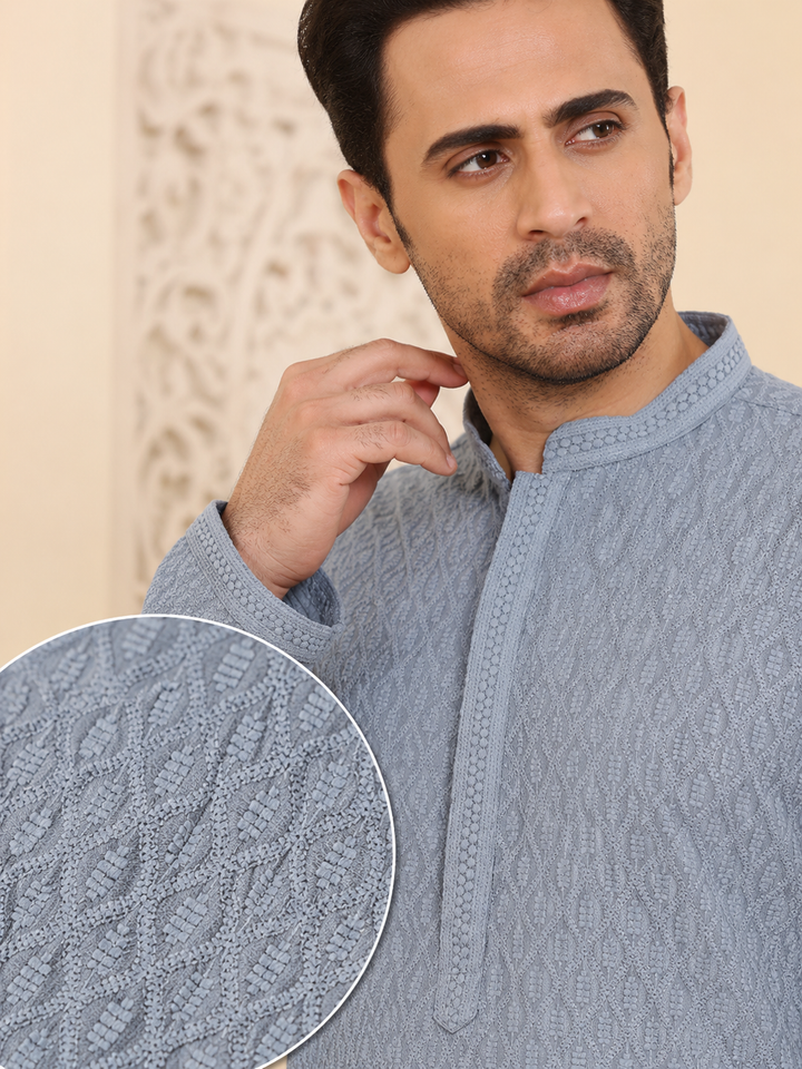 Men's Long Sleeve Mandarin Collar Rayon Silk Straight Classic Grey Chikankari Kurta