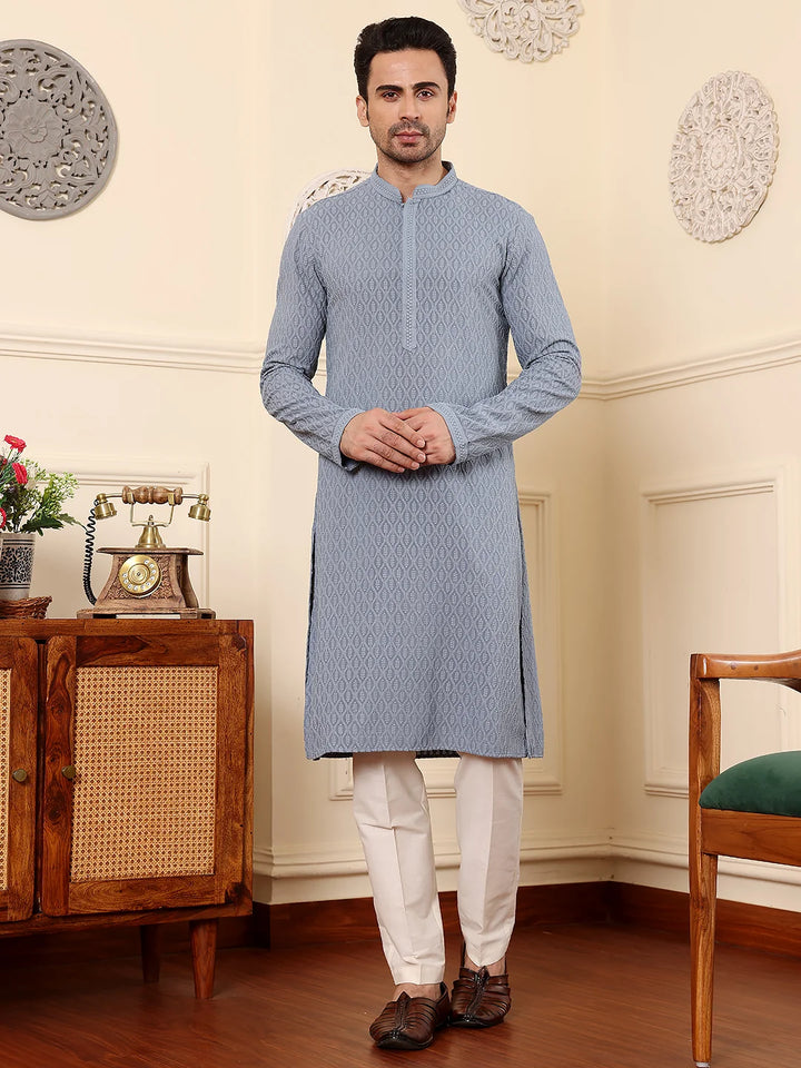 Men's Rayon Silk Straight Classic Grey Chikankari Kurta,Off White solid trouser style churidar