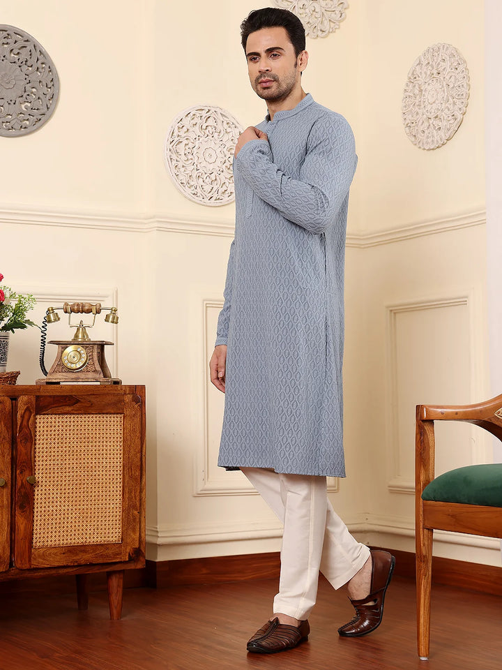 Men's Rayon Silk Straight Classic Grey Chikankari Kurta,Off White solid trouser style churidar