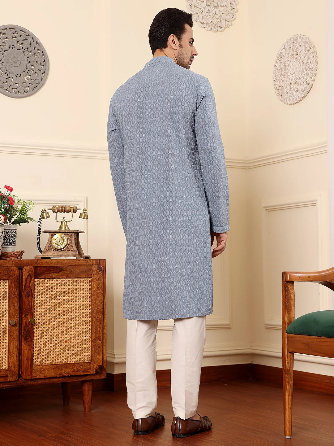 Men's Rayon Silk Straight Classic Grey Chikankari Kurta,Off White solid trouser style churidar