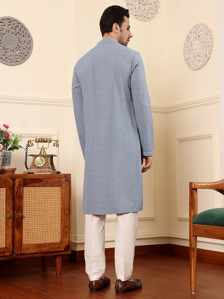 Men's Rayon Silk Straight Classic Grey Chikankari Kurta,Off White solid trouser style churidar