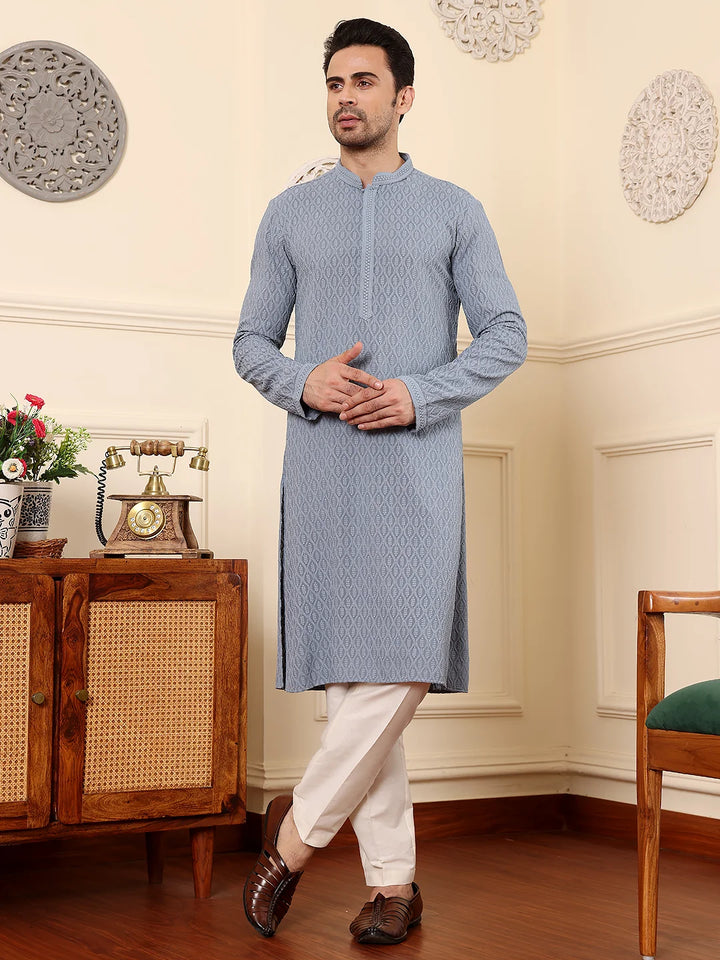 Men's Rayon Silk Straight Classic Grey Chikankari Kurta,Off White solid trouser style churidar