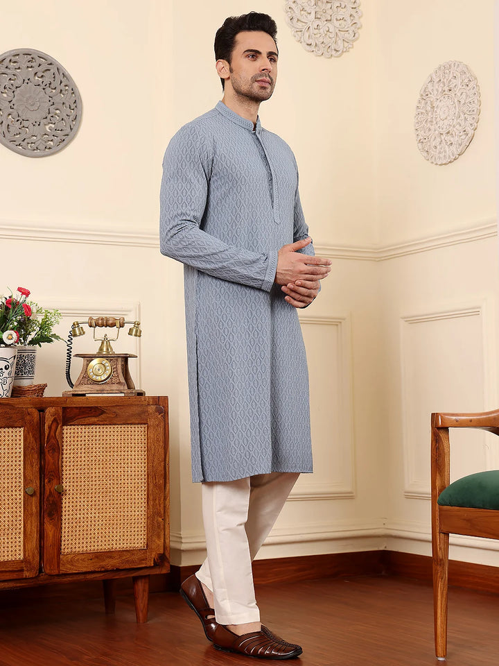 Men's Rayon Silk Straight Classic Grey Chikankari Kurta,Off White solid trouser style churidar