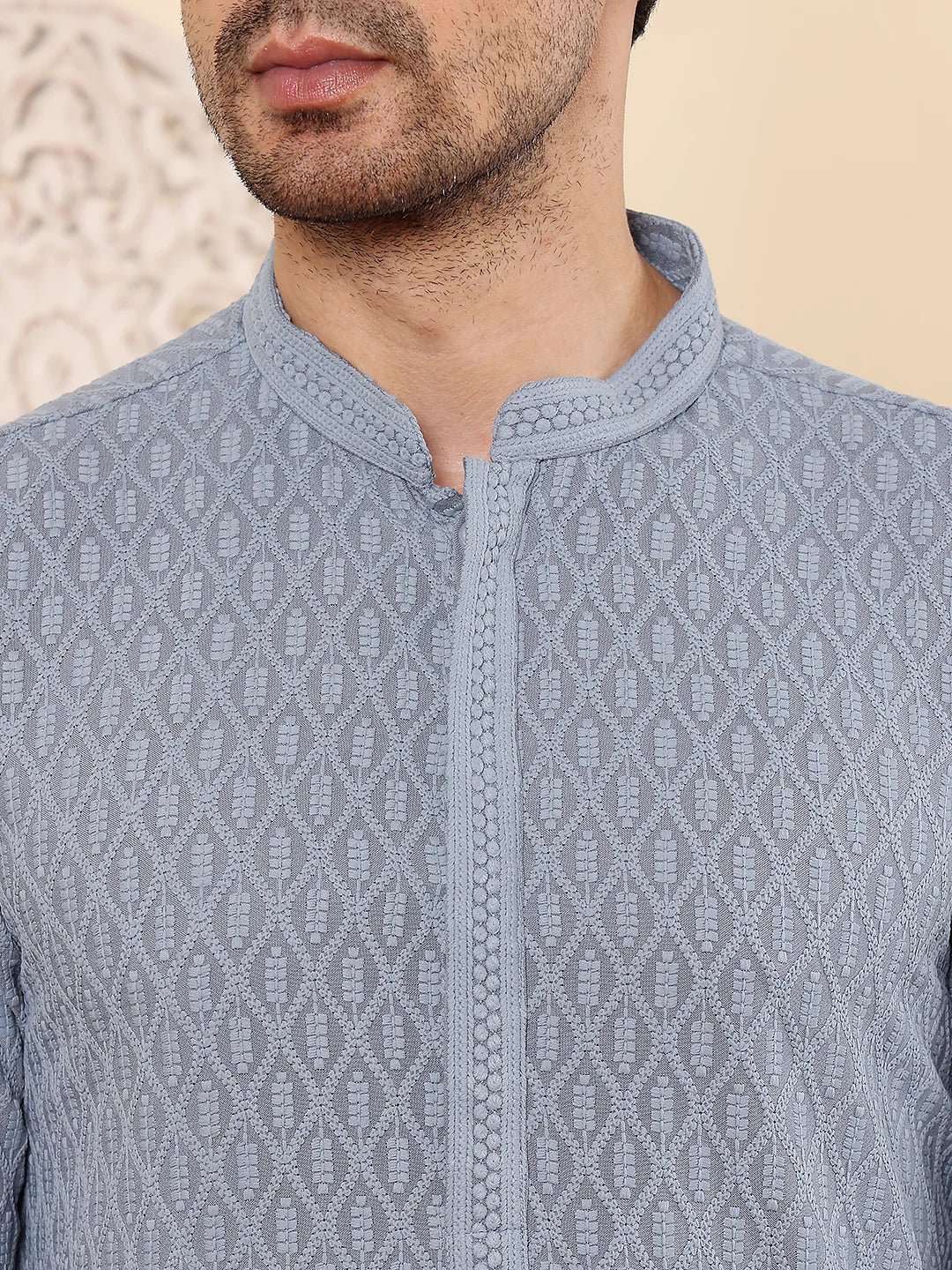 Men's Rayon Silk Straight Classic Grey Chikankari Kurta,Off White solid trouser style churidar