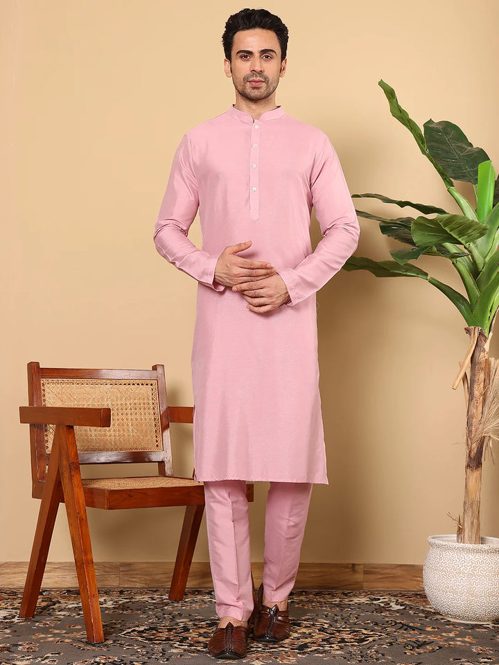 Men's Long Sleeve Mandarin Collar Pink Straight Viscose Silk Kurta with Slub Effect – Pink
