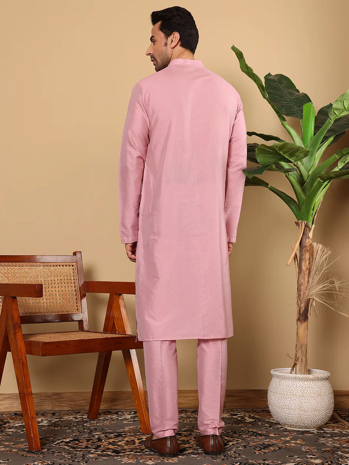 Men's Long Sleeve Mandarin Collar Pink Straight Viscose Silk Kurta with Slub Effect – Pink