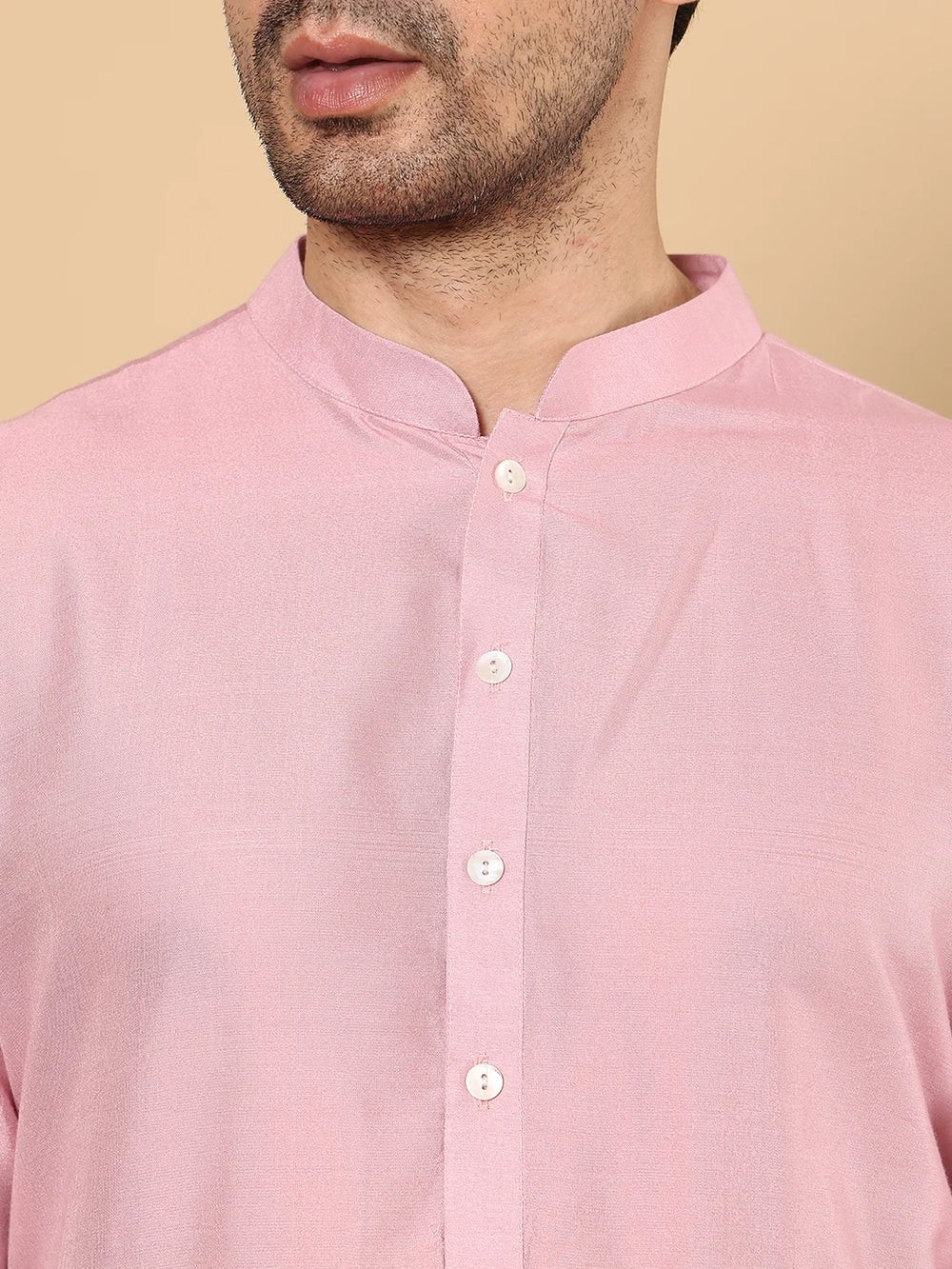 Men's Long Sleeve Mandarin Collar Pink Straight Viscose Silk Kurta with Slub Effect – Pink