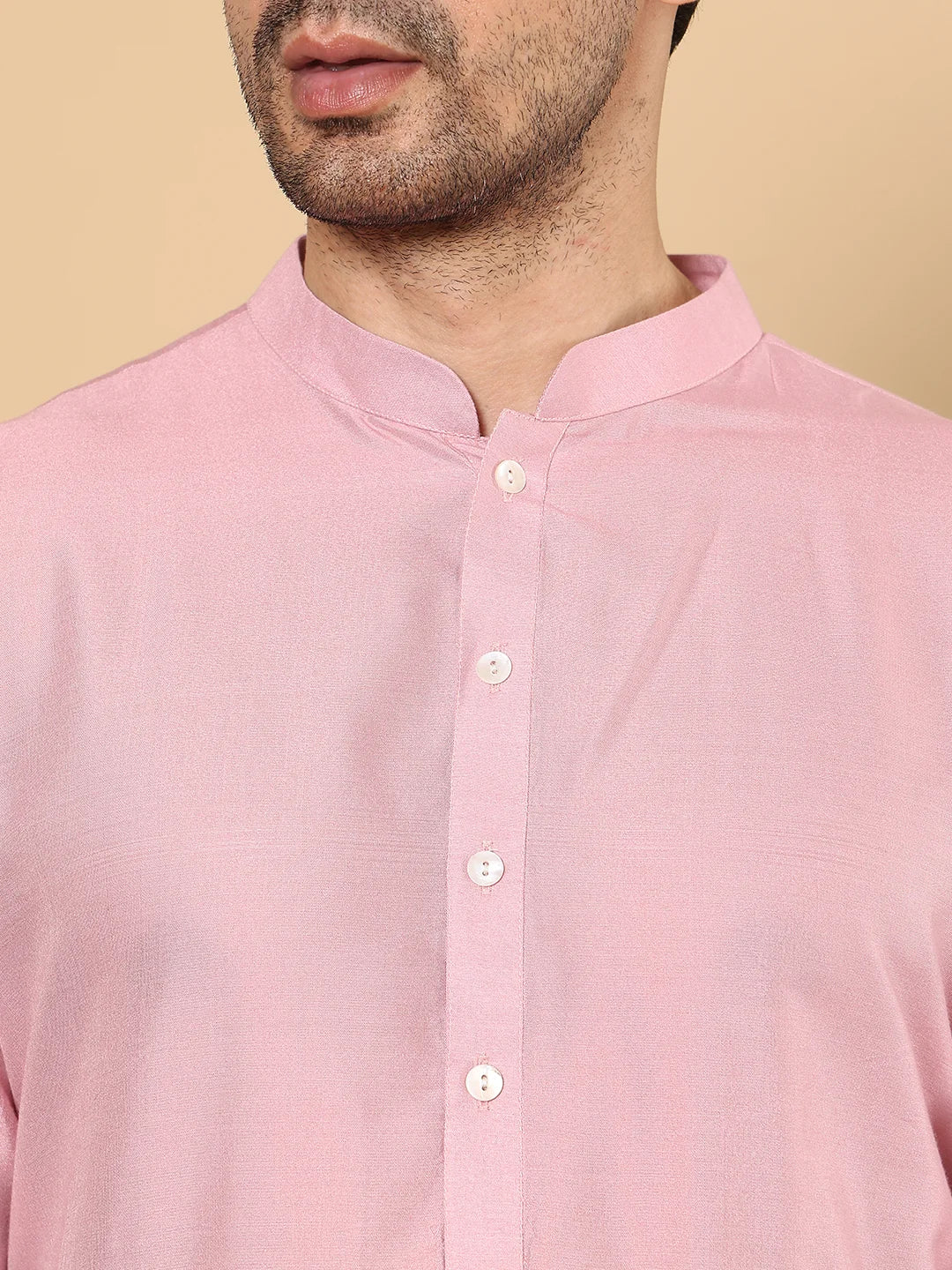 Men's Long Sleeve Mandarin Collar Pink Straight Viscose Silk Kurta with Slub Effect – Pink