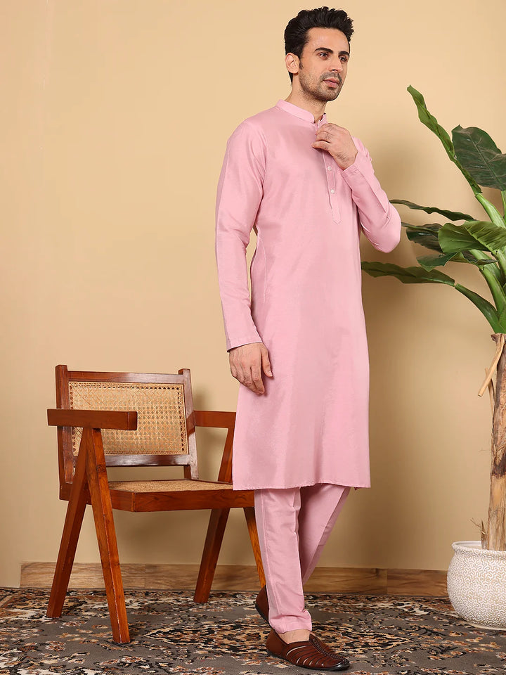 Men's Long Sleeve Mandarin Collar Pink Straight Viscose Silk Kurta with Slub Effect – Pink
