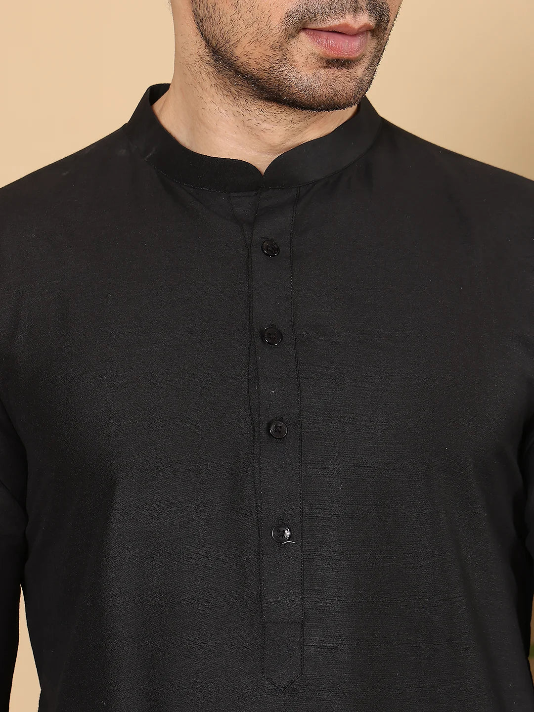 Men's Long Sleeve Mandarin Collar Black Straight Viscose Silk Kurta with Slub Effect