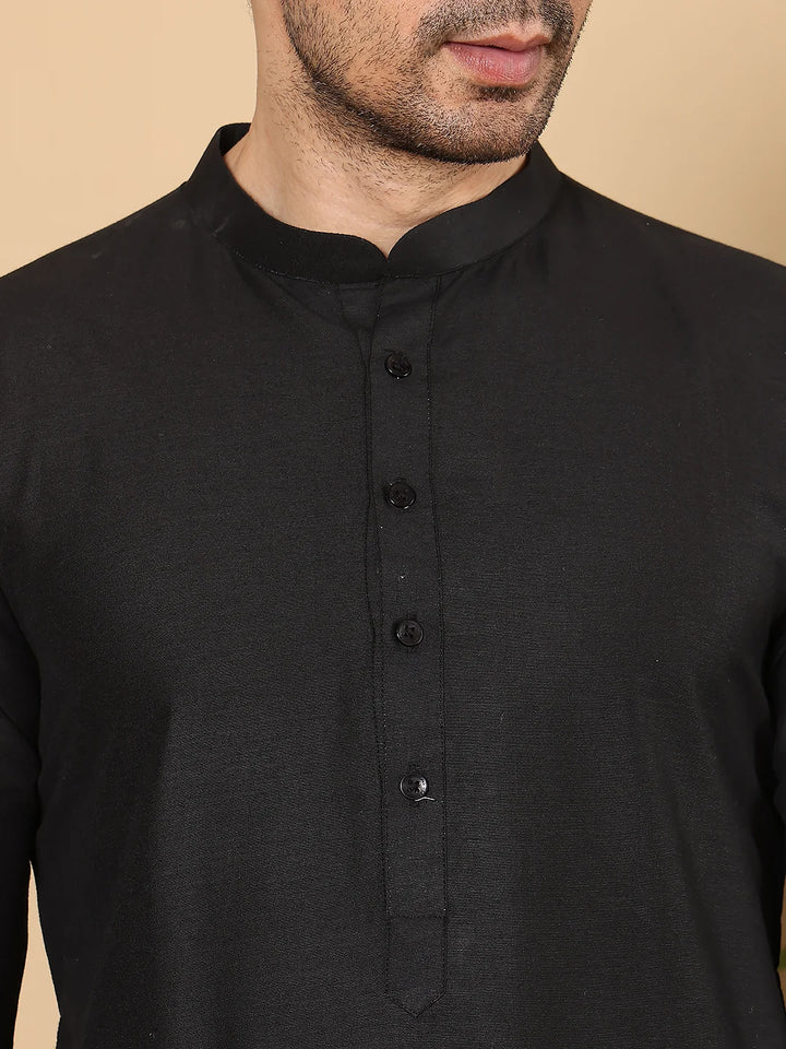 Men's Long Sleeve Mandarin Collar Black Straight Viscose Silk Kurta with Slub Effect