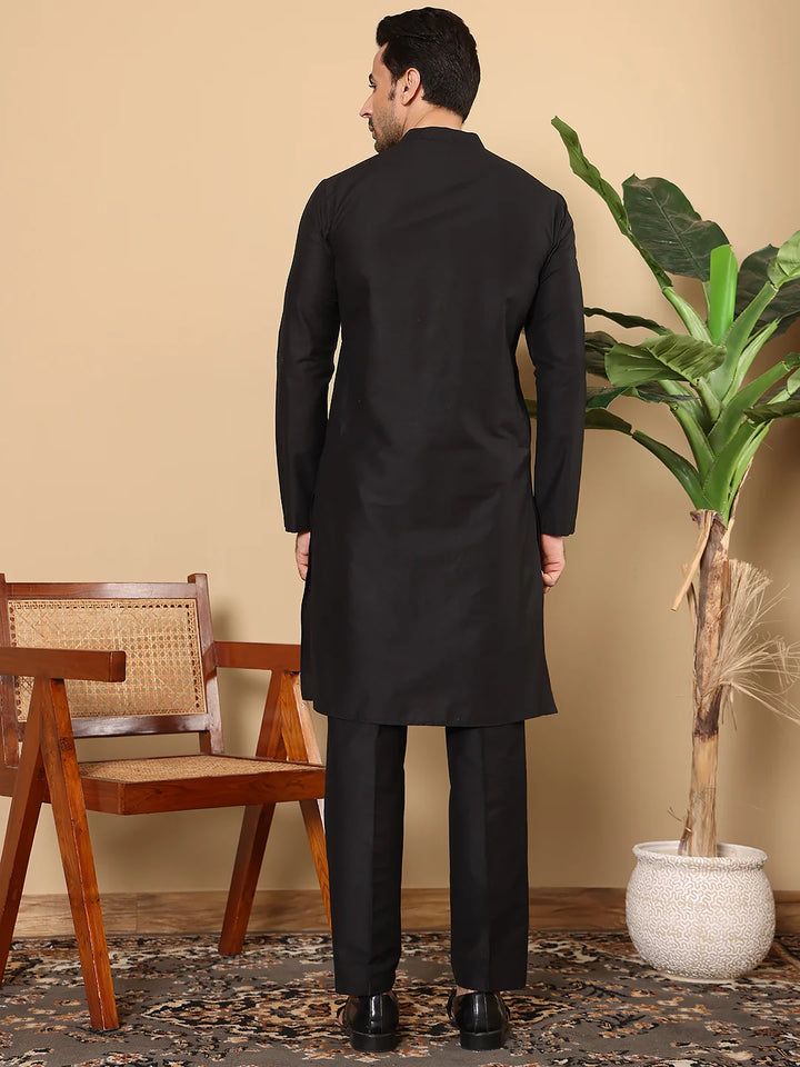 Men's Long Sleeve Mandarin Collar Black Straight Viscose Silk Kurta with Slub Effect