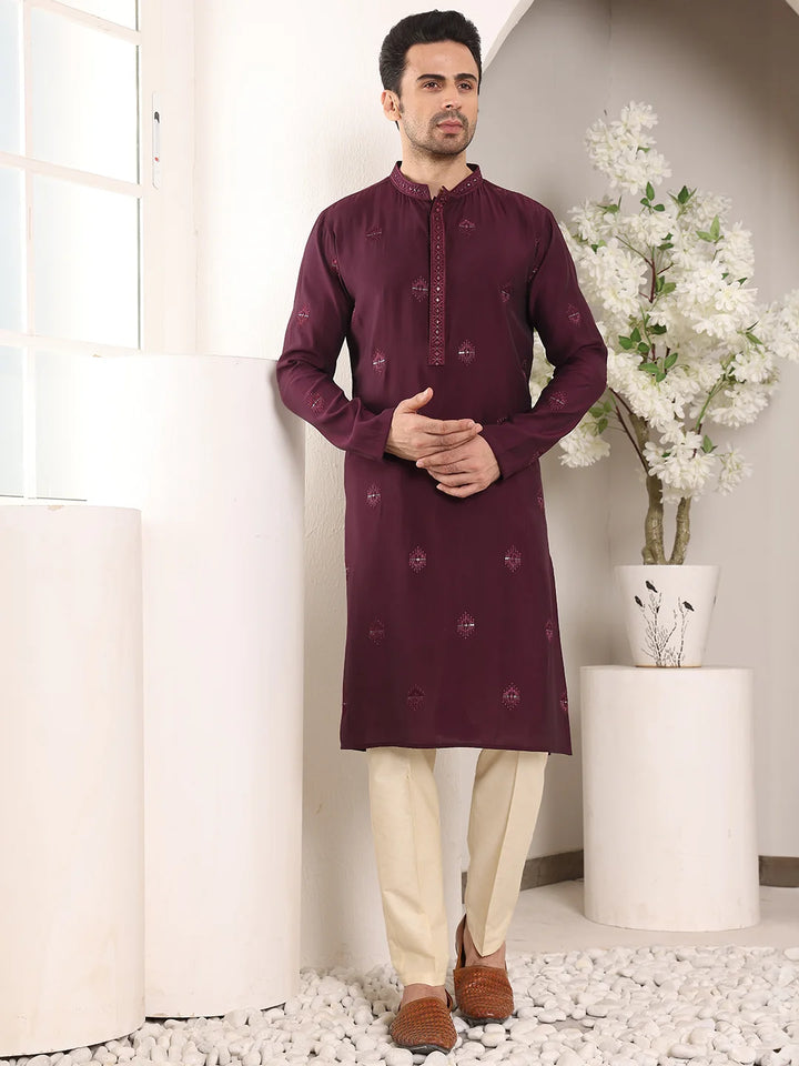 Men's Purple Straight Viscose Silk Kurta with Embroidered Neckline and Motifs,Off White Solid Trouser Style Churidar