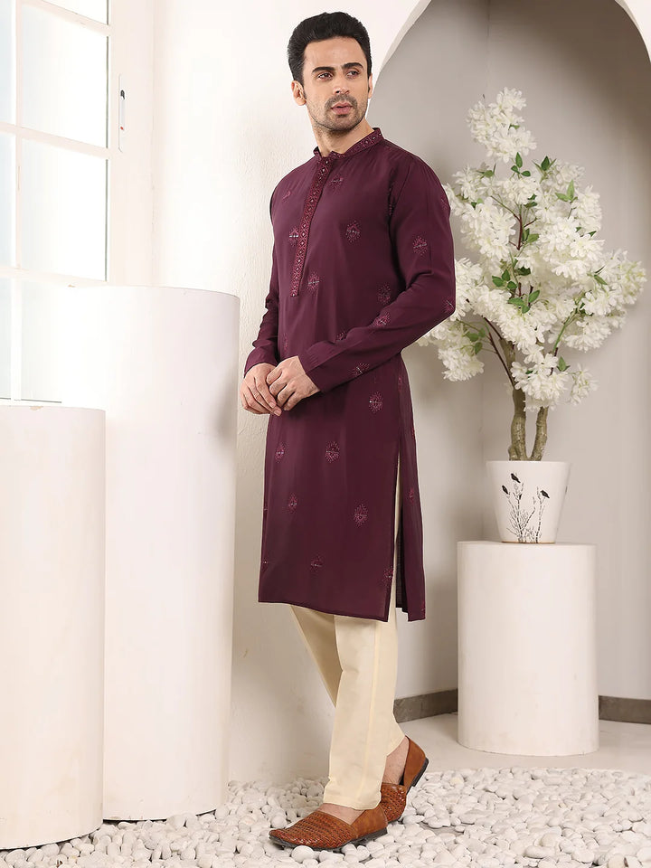 Men's Purple Straight Viscose Silk Kurta with Embroidered Neckline and Motifs,Off White Solid Trouser Style Churidar