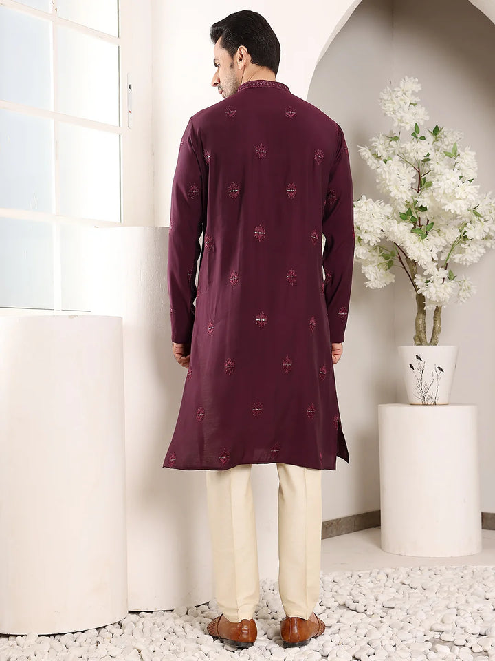 Men's Purple Straight Viscose Silk Kurta with Embroidered Neckline and Motifs,Off White Solid Trouser Style Churidar