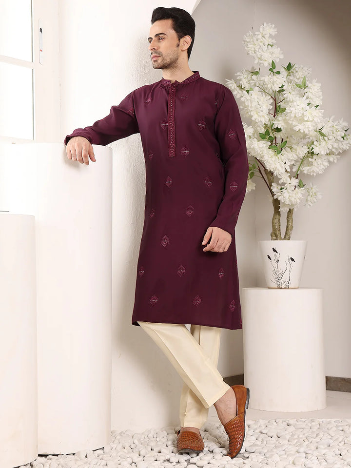 Men's Purple Straight Viscose Silk Kurta with Embroidered Neckline and Motifs,Off White Solid Trouser Style Churidar