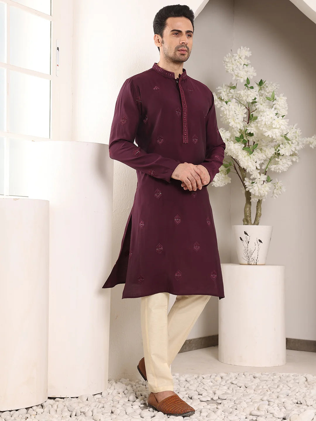 Men's Purple Straight Viscose Silk Kurta with Embroidered Neckline and Motifs,Off White Solid Trouser Style Churidar