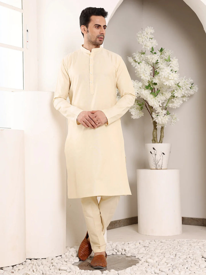 Men's Sea Cream Straight Viscose Silk Kurta with Slub Effect,Cream Solid Trouser Style Churidar