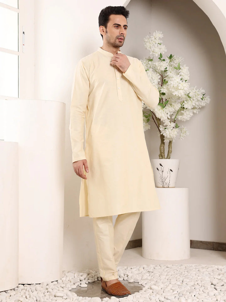 Men's Sea Cream Straight Viscose Silk Kurta with Slub Effect,Cream Solid Trouser Style Churidar
