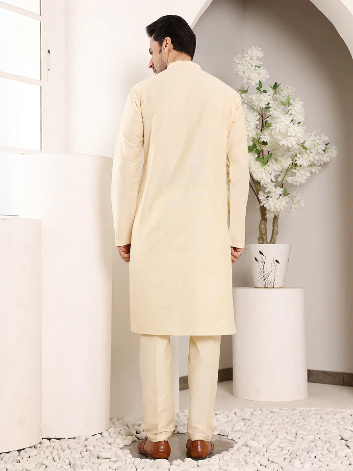 Men's Sea Cream Straight Viscose Silk Kurta with Slub Effect,Cream Solid Trouser Style Churidar