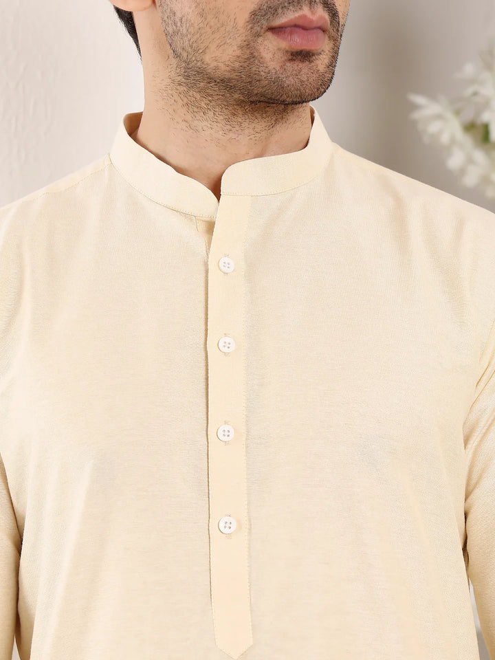 Men's Sea Cream Straight Viscose Silk Kurta with Slub Effect,Cream Solid Trouser Style Churidar