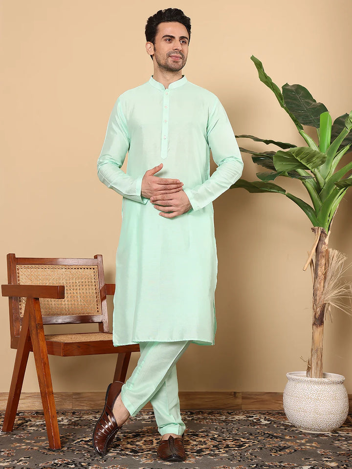 Men's Long Sleeve Mandarin Collar Sea Green Straight Viscose Silk Kurta with Slub Effect