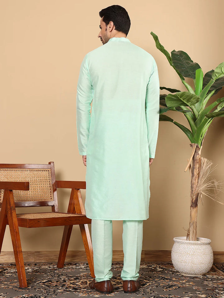 Men's Long Sleeve Mandarin Collar Sea Green Straight Viscose Silk Kurta with Slub Effect