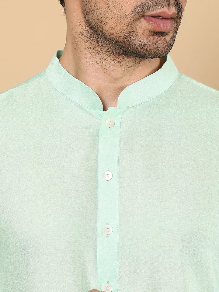 Men's Long Sleeve Mandarin Collar Sea Green Straight Viscose Silk Kurta with Slub Effect
