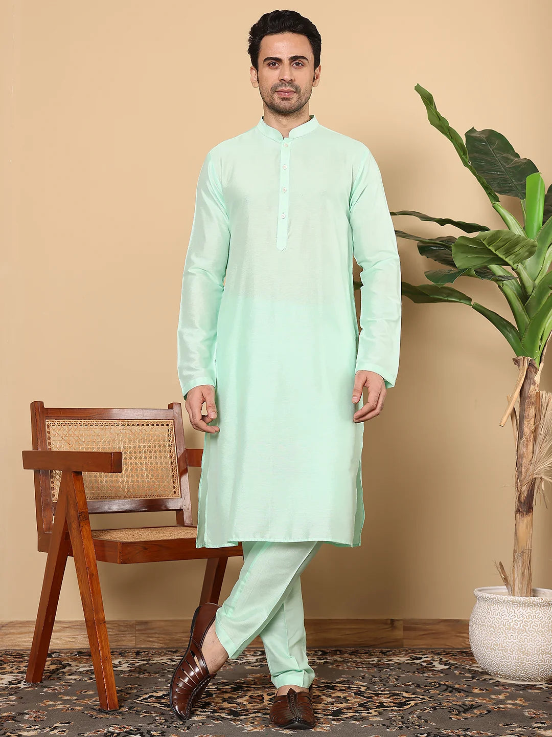 Men's Long Sleeve Mandarin Collar Sea Green Straight Viscose Silk Kurta with Slub Effect