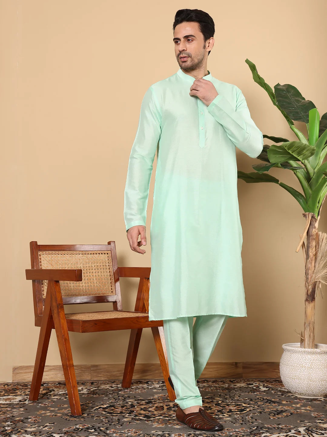 Men's Long Sleeve Mandarin Collar Sea Green Straight Viscose Silk Kurta with Slub Effect